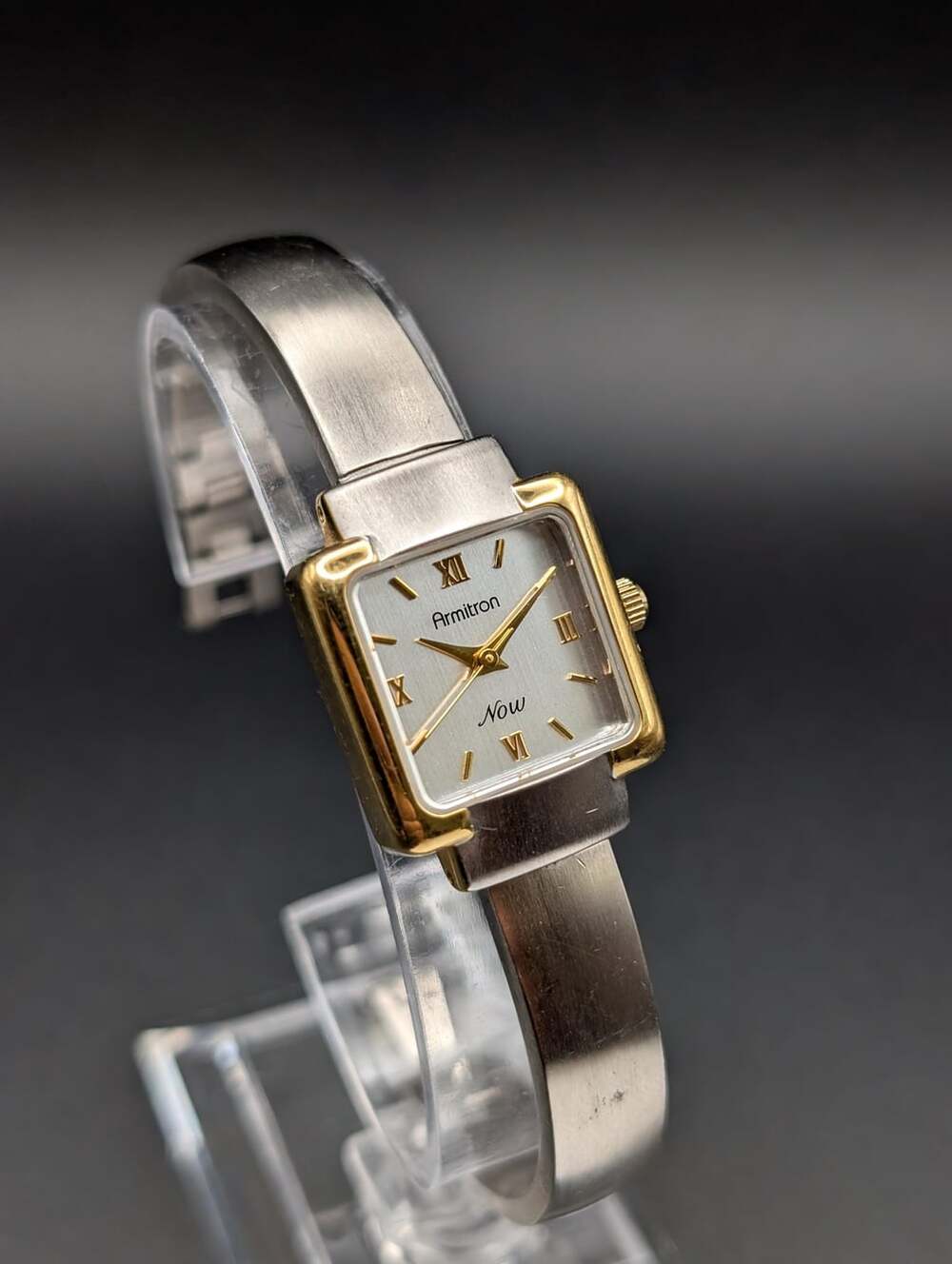 Vintage Armitron Two-Tone Quartz Ladies Watch, Bangle Bracelet Rectangular Tank
